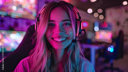 A beautiful female gamer laughing and cheering in front of her gaming setup, wearing headphones with neon lights and screens behind her.