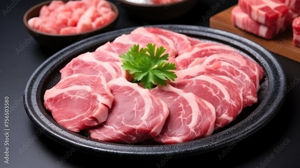 Raw kurobuta pork slices on plates, for Yakiniku ,Shabu ,Teppanyaki , japanese food.
Raw kurobuta pork slices on plates, for Yakiniku ,Shabu ,Teppanyaki , japanese food.