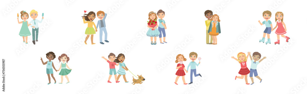 Happy Kid Couple Character in Love Feel Passion Vector Set Happy Kid Couple Character in Love Feel Passion Vector Set