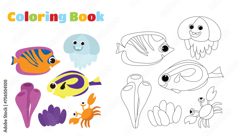 Naklejka premium Underwater plants, tropical fish and crab. Cartoon style illustration of ocean plants and fish.