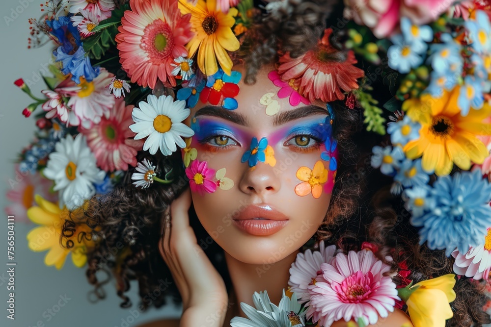 A beautiful woman with colorful flowers on her face and hair, wearing colorful floral makeup. Her skin is painted in various colors of red, blue, yellow, pink, purple, orange, green, and white. 