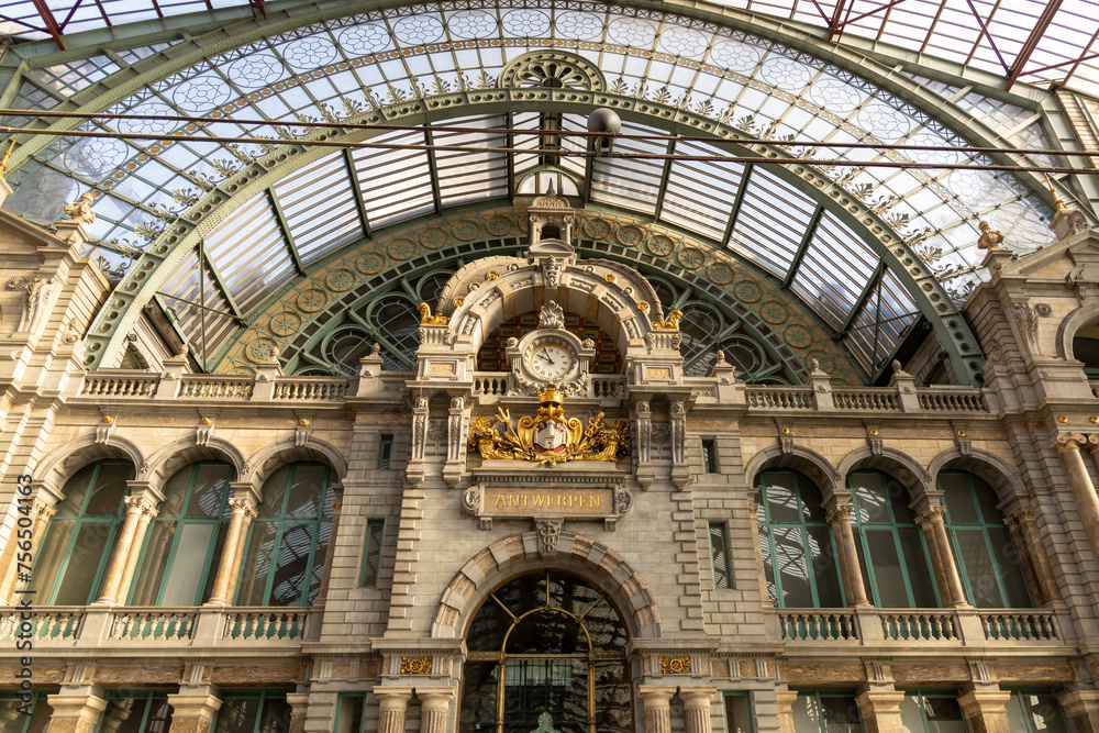 Antwerp, Belgium. 15 April 2023. Central Station Antwerp, The richly applied symbolism included the Antwerp coat of arms, the Belgian Lion and the initials of King Leopold II.