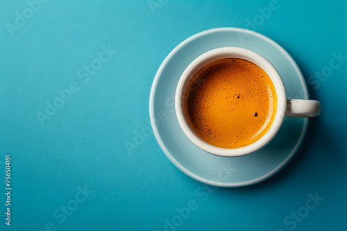 freshly brewed espresso in a classic cup  isolated on a vibrant blue background  symbolizing energy and mornings 