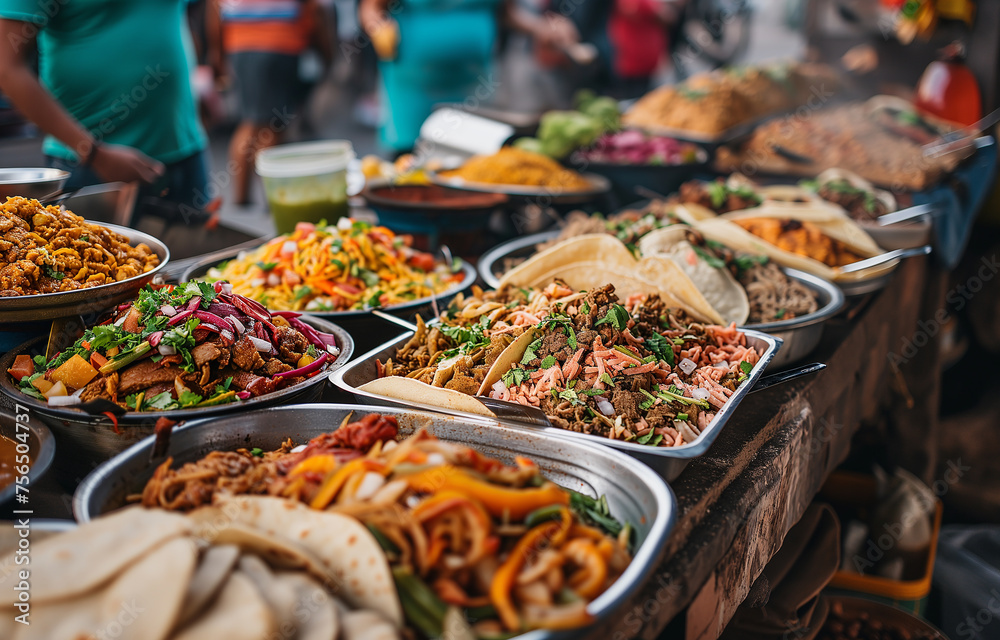 A tray with Mexican street food on Mexico Street. National cuisine, close-up, bokeh in the background.