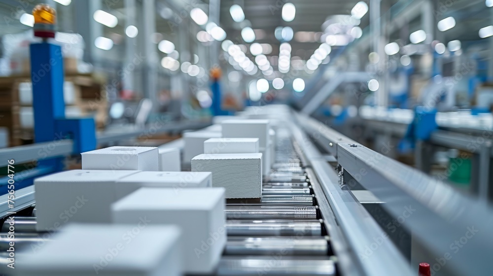Obraz premium Close-up of white packages on a factory production line with blurred background