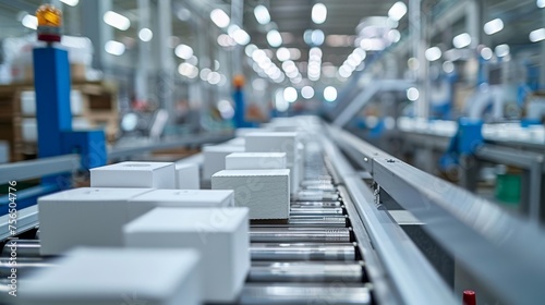 Close-up of white packages on a factory production line with blurred background