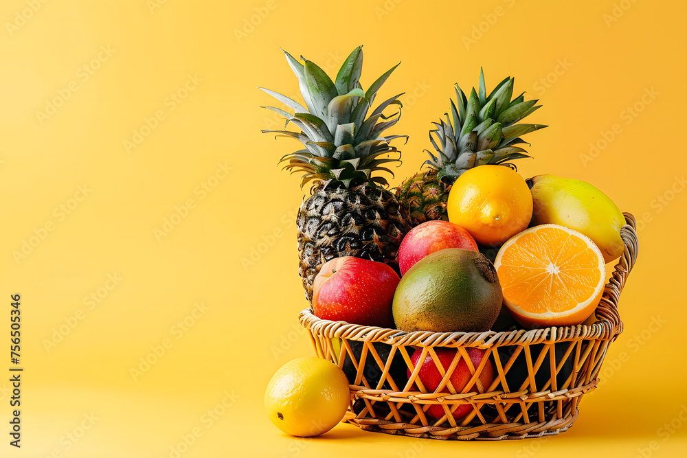 assorted tropical fruits in a basket, isolated on a bright yellow background, representing health and vibrancy assorted tropical fruits in a basket, isolated on a bright yellow background, representing health and vibrancy