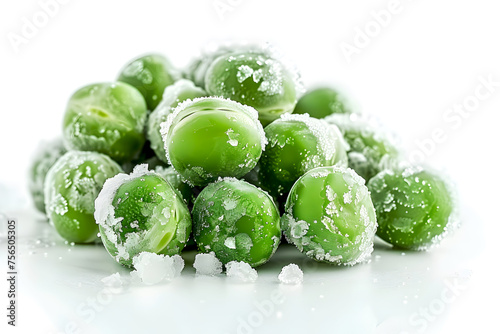 Frozen green pea beans isolated on white background. Green peas with frost, fresh from the freezer. Frosty green peas clustered on a white surface. Frozen peas with ice crystals, close-up photo