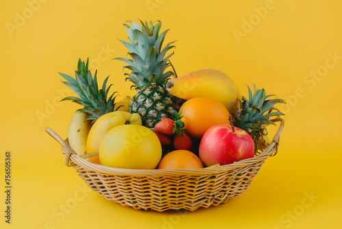 assorted tropical fruits in a basket, isolated on a bright yellow background, representing health and vibrancy