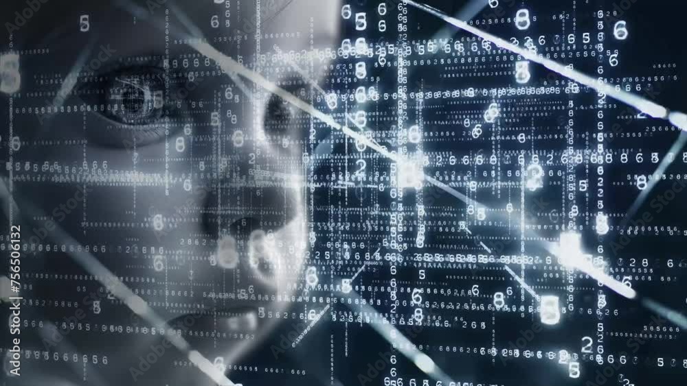 AI Becomes Conscious.
Changing array of numbers surround a baby's face. Loops.