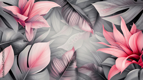 Pink and Grey Foliage Tropical Leaf Background