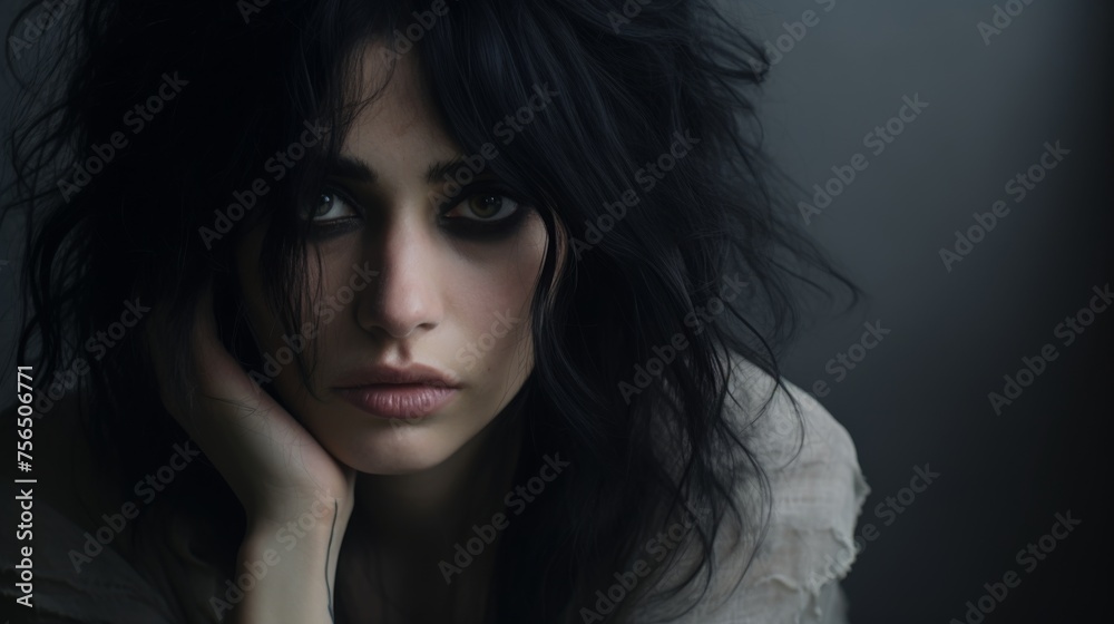 Woman with black hair and big dark eyes isolated on dark background. Attractive brunette woman