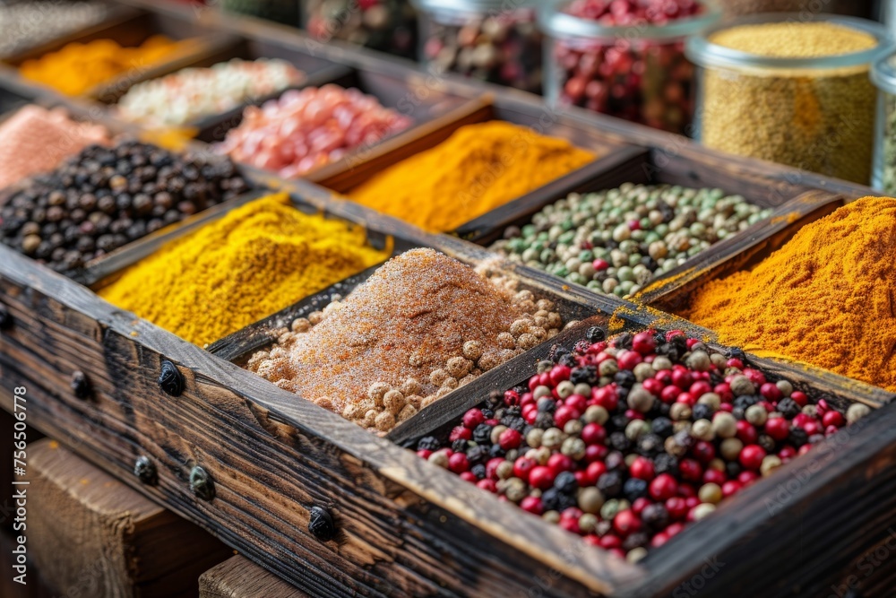 An assortment of spices neatly arranged in a wooden tray, highlighting the order and beauty of spice variety An assortment of spices neatly arranged in a wooden tray, highlighting the order and beauty of spice variety