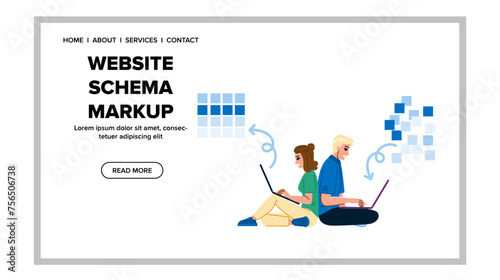 search website schema markup vector. standard featured, file blue, seo engine search website schema markup web flat cartoon illustration