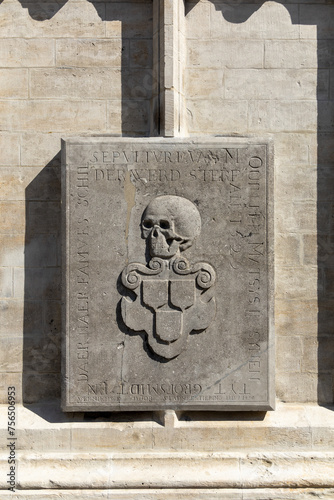 Antwerp, Belgium. 15 April 2023. Skull on “Onze Lieve Vrouwekathedraal”. The Cathedral of Our Lady is a Roman Catholic cathedral. Build in Gothic style and World Heritage. photo