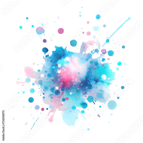 Abstract, colorful, art, watercolor painting, Beautiful blue spot appears on a white background, Light cyan and pink paints spreads on paper forming a blot.