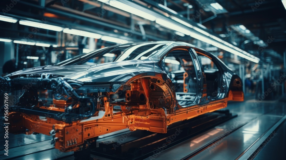 Car assembly unit in production at the auto factory. Car frame in a factory. Car manufacturing plant Car assembly unit in production at the auto factory. Car frame in a factory. Car manufacturing plant