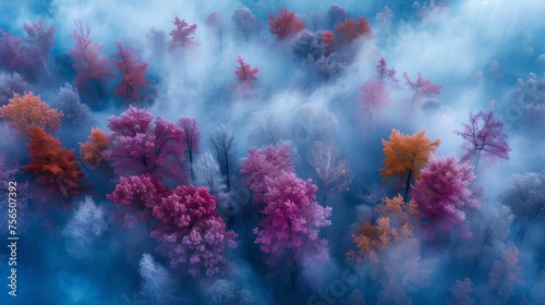 Aerial Panorama, enchanting panorama, aerial view, fog-shrouded forest, untouched beauty