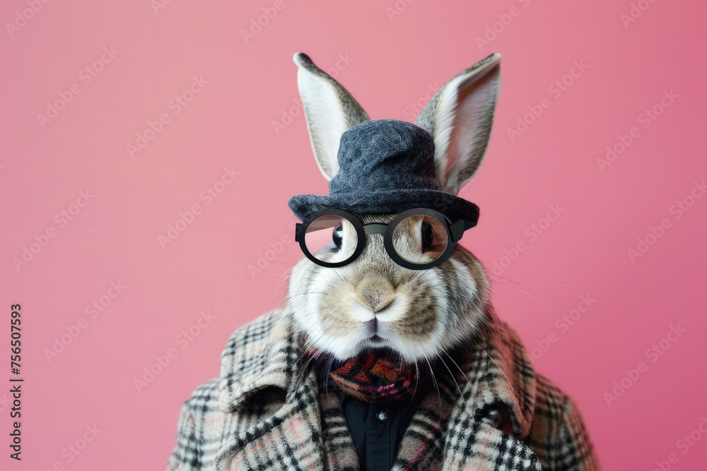 Cute Bunny with Glasses and a Hat on a Pink Background - obrazy, fototapety, plakaty 