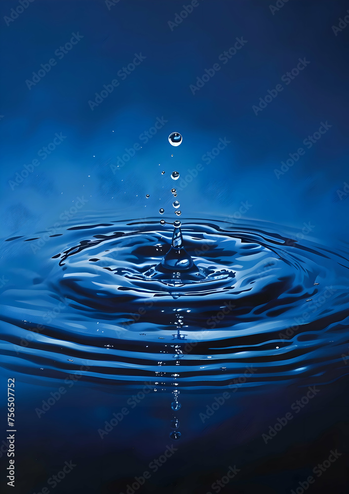 A drop hits the water's dark blue background. High-resolution