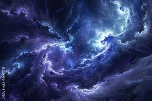 A dynamic and abstract representation of a thunderstorm, with dark blues, purples, and flashes of silver.