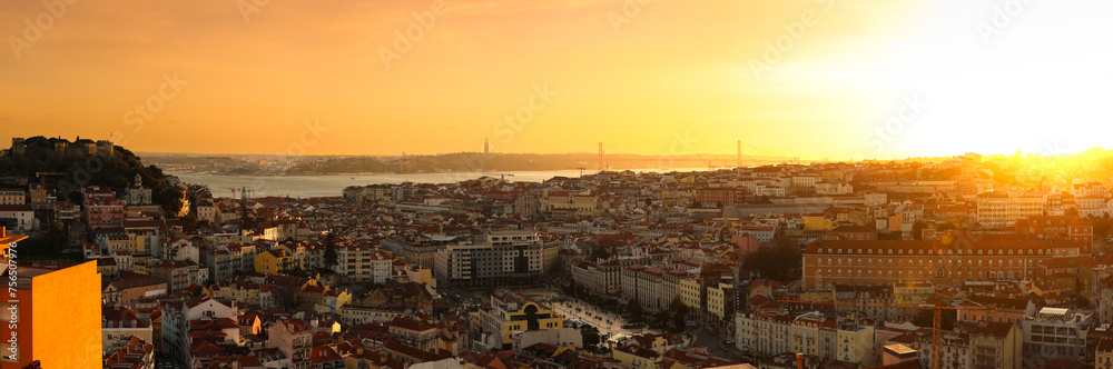 Lisbon sunset high res panorama photo. Amazing panorama video from a mirador viewpoint in Lisbon during a spring sunset. Travel to Portugal.