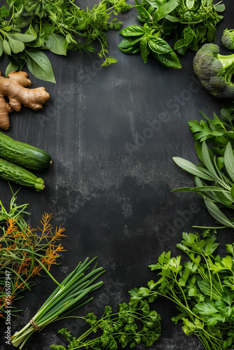 Top view image of food background with copy space for text. Herbs in green color. Generative AI.