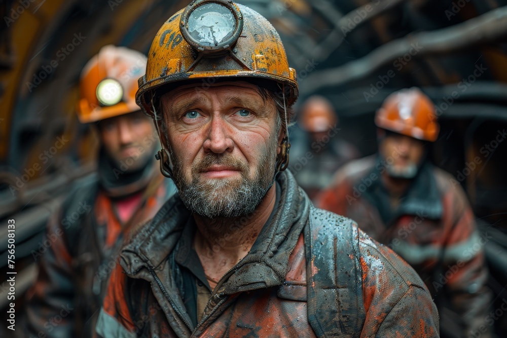 A senior miner with an earnest expression wearing a hard hat and headlamp A senior miner with an earnest expression wearing a hard hat and headlamp