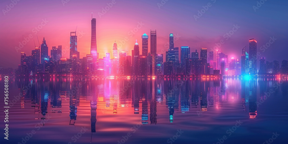 City lights reflecting in tranquil water at night, creating a mesmerizing and vibrant urban landscape along the waterfront