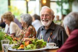 Happy smiling elderly man in restaurant