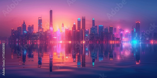 City lights reflecting in tranquil water at night  creating a mesmerizing and vibrant urban landscape along the waterfront