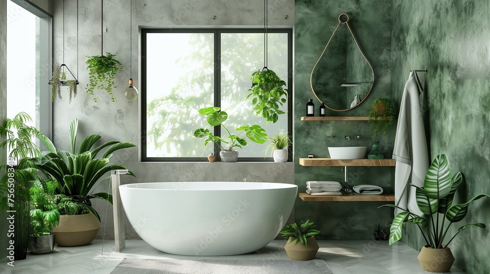 bathroom with green walls, large window and white washbasin. modern style bathroom with green walls, large window and white washbasin. modern style
