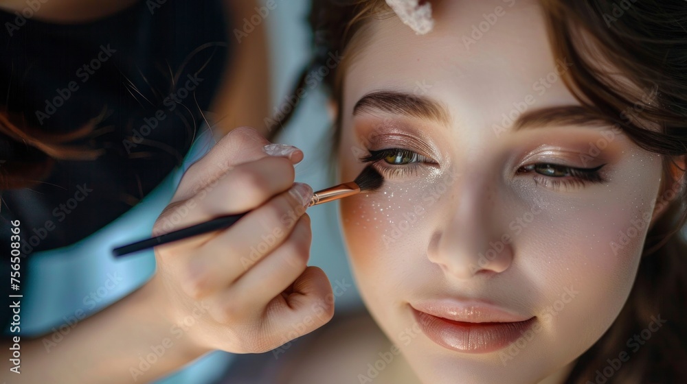 Obraz premium woman putting makeup on beautiful woman in a professional studio with lighting