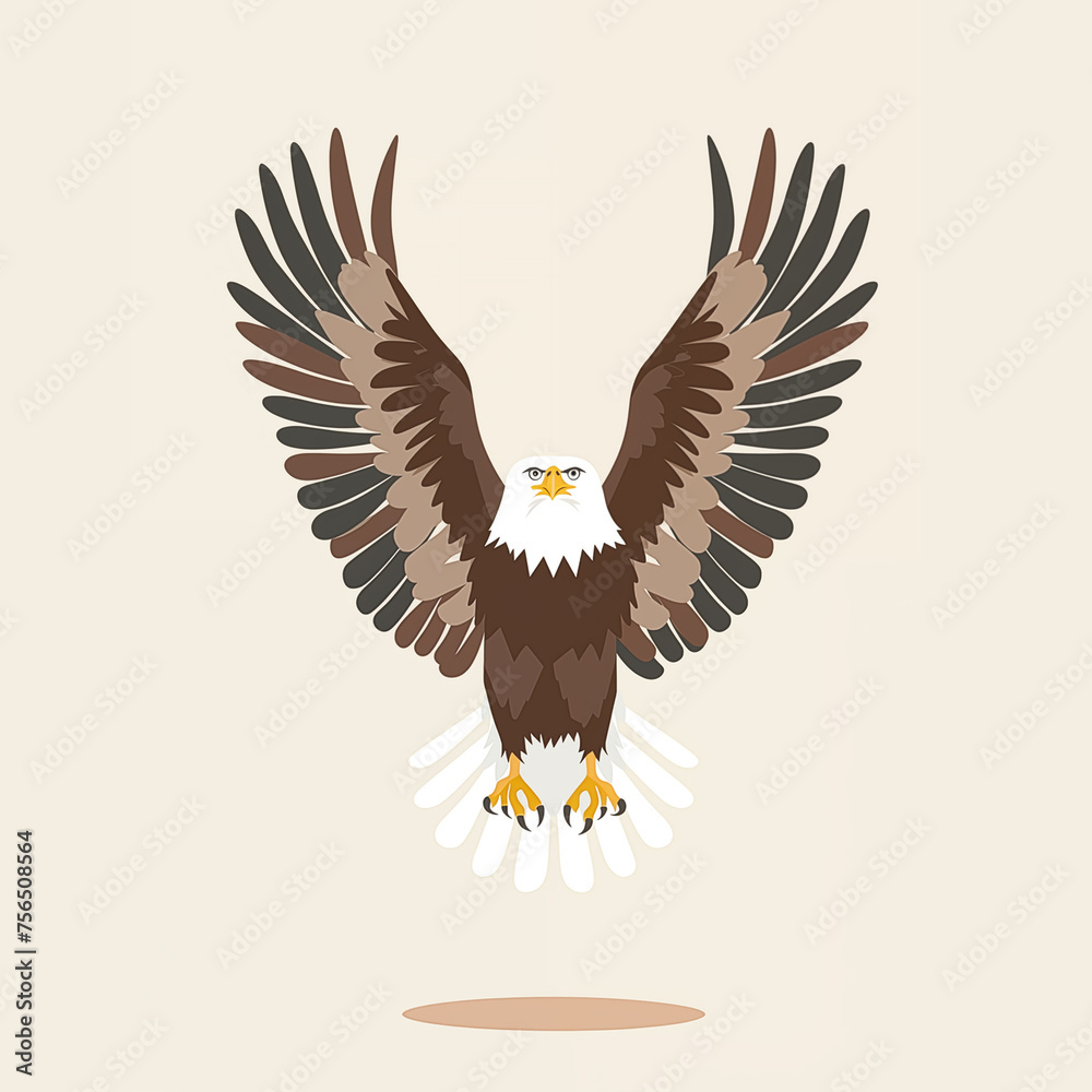 Fototapeta premium An eagle with open wings flies forward. Front view cartoon style.