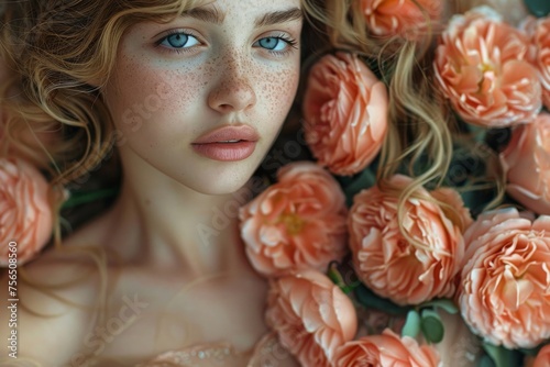 Lush and romantic portrait of a young woman with blue eyes, surrounded by soft pink roses creating a dreamy look