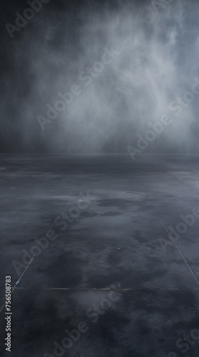 The texture is gray concrete floor and white smoke on grunge walls. Background for Advertising, Product Presentation, Text, Copy space.