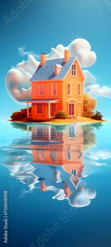 the house floats in the middle of the lake, ai generative photo