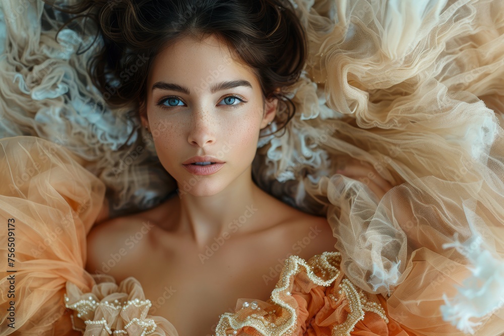 A glamorous woman lies surrounded by whimsical feathers, her intense gaze captivating in a sea of soft, ethereal orange tulle A glamorous woman lies surrounded by whimsical feathers, her intense gaze captivating in a sea of soft, ethereal orange tulle