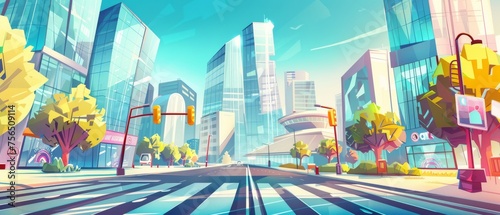 A modern cityscape depicted with a glass skyscraper and tower, a road intersection and an overpass bridge. Modern illustration of an urban scene with business architecture or a supermarket.
