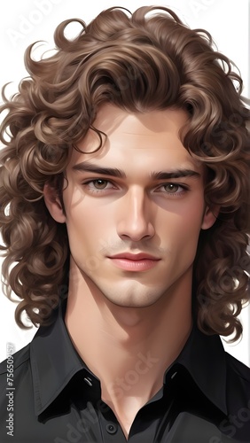 A handsome young man model with long curly brown hair wearing a black shirt. Illustration. Generative AI