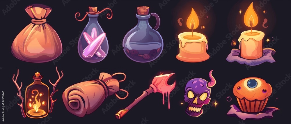 Modern cartoon illustration of a witch's sack, a bird's skull, a poison bottle, a mirror portal, a candle, a muffin with a spooky eyeball, and Halloween assets for magic games, isolated on black