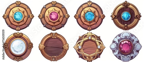 Decorative frames with vintage floridian ornaments and gem stones. Cartoon modern illustration set of metal and wood circle borders. Fantasy royal round golden, silver and wooden badge. photo