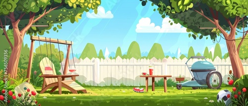 Modern cartoon illustration of back garden furniture, a wooden armchair, cocktail glass on the barbecue table, the lawn mower, trees and flowerpots under blue skies, the dog house, and a toy ball.