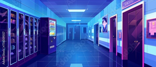 Cartoon illustration of lockers in a night school corridor. The modern illustration shows the doors to the classrooms, vending machines selling snacks, a portrait hanging on the wall, metal cabinets, photo