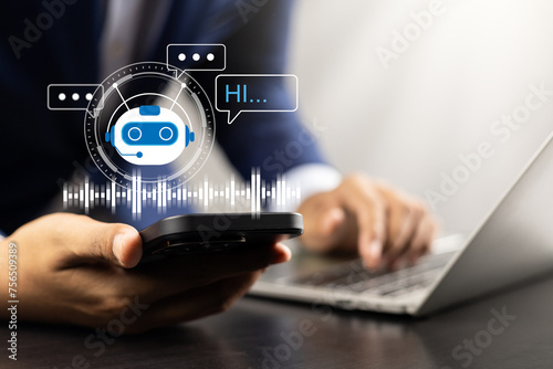 AI Technology in modern business, Chatbot conversation assistant for virtual assistance and customer support communication, AI Chatbots assisting business people with intelligent solutions futuristic.