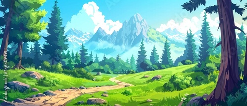 Flowing footpath from forest to rocky mountains. Sunny cartoon modern summer landscape of a grassy meadow with trees and grass.