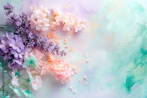 A serene splash of pastel hues, where lavender, mint green, and soft peach gently blend together, evoking a dreamy spring morning.