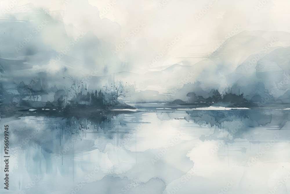 A subtle splash of watercolor in soft grays and blues, evoking the tranquility of a misty morning.