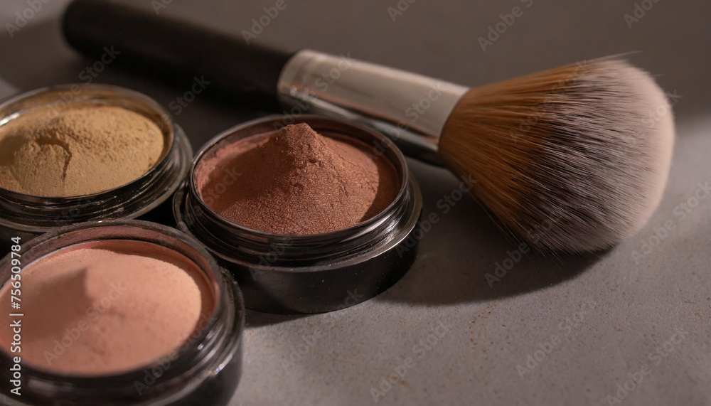 Close up of a brush applying beige powder emphasizing a nude makeup look on a isolated pastel background Copy space Close up of a brush applying beige powder emphasizing a nude makeup look on a isolated pastel background Copy space