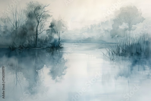 A subtle splash of watercolor in soft grays and blues, evoking the tranquility of a misty morning.
